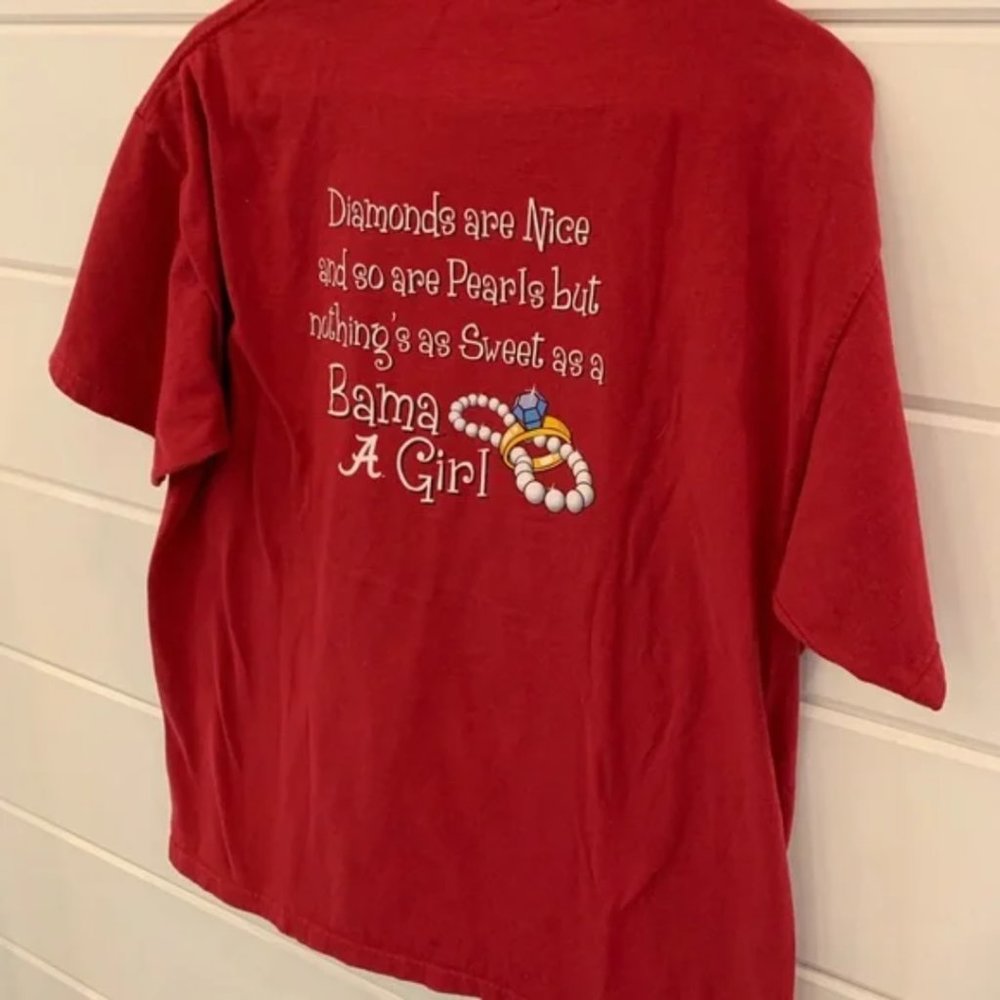 L Alabama T-shirt pearls preloved excellent BAMA girl Roll Tide crimson Viatran - Picture 3 of 7
